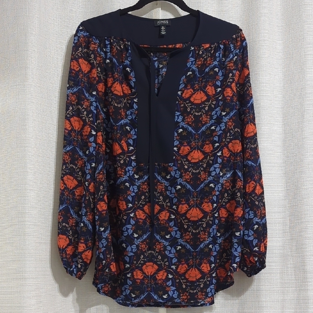 Jones New York Floral Blouse Women's Navy Orange Drawstring Large See Through